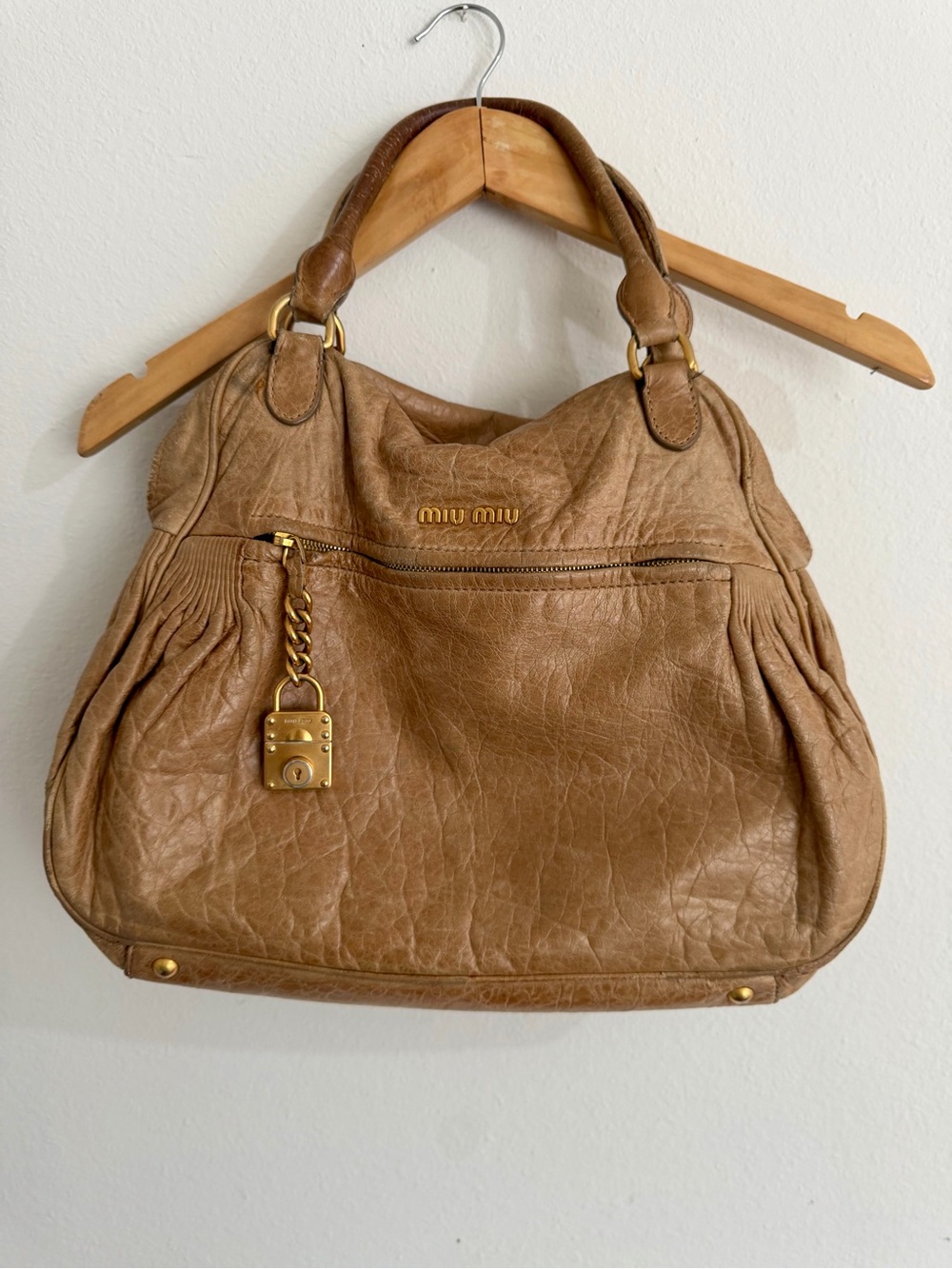 Miu Miu Vitello Lux Leather Satchel Hobo Bag Taupe AS IS